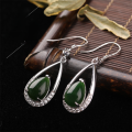 wholesale 925 Sterling Silver Inlaid with Hetian Jasper Earrings, with Certificate, Ancient Style Green Teardrop Jade Earrings for Women-0-0