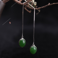 wholesale 925 Sterling Silver Openwork Inlaid with Jadeite Ear Threads with Certificate, Simple and Fashionable Long Earrings, Natural Hetian Jade Earrings-0-0
