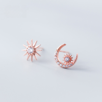 wholesale 925 Sterling Silver Earrings Women Korean Style Small Fresh Inlaid Diamond Sun Asymmetric Curved Moon Earrings Accessories E9555-S925 Silver Earrings-Rose Gold and White Diamonds 925 Silver