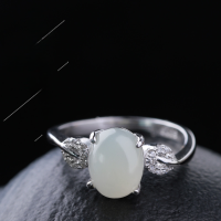 wholesale 925 Sterling Silver with Certificate Vintage Natural Hetian Jade Silver Inlaid Jade Openable Ring for Women-White jade 7*9mm opening adjustable