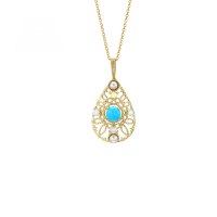 wholesale 14K Gold Pearl Opal Turquoise Necklace Pendant for Women, Vintage Ethnic Style Necklace-Water Drop Hollow Colored Gemstone Pendant 14K Gold--In Stock