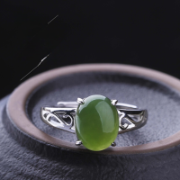 wholesale 925 Silver Inlaid with Hetian Jade Cabochon Ring for Women, Comes with Certificate, National Trend Retro Style Jasper Ring, Adjustable Open Band-Jade 8*10mm Opening adjustable