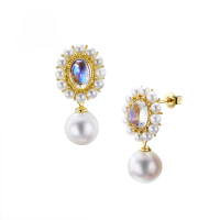 wholesale 14K Gold Artli Jewelry Moonstone Pearl Earrings Japanese Retro Fashion Socialite Ear Studs Drop Shipping-Vintage Moonstone Pearl Earrings 14K Gold--In Stock