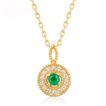 wholesale S925 Sterling Silver Plated with 9K Gold, Light Luxury Emerald and White Zircon Pendant Necklace with Small Round Plate for Spring Festival-0-0
