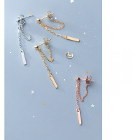 wholesale S925 Sterling Silver One-word Tassel Long Chain Light Bead Round Bead Stud Earrings Minimalist One-word Back Hook Earrings E4377-S925 silver pair rose gold