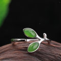 wholesale 925 Silver with Certificate Inlaid Hetian Jade Jasper Ring, Open Adjustable Jade Small Leaf Leaf Pure Silver Women's Ring-0-0