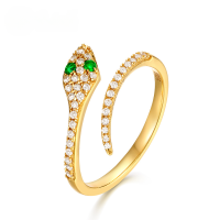 wholesale S925 Sterling Silver Japanese-Inspired Light Luxury Adjustable Snake Ring, Minimalist Openable Design for Women-Nano green zirconium plated with 9K gold Adjustable opening