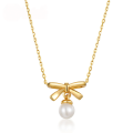 wholesale Silver Japanese-style minimalist design small pearl collarbone chain bow necklace pendant Valentine's Day gift-0-0