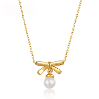 wholesale Silver Japanese-style minimalist design small pearl collarbone chain bow necklace pendant Valentine's Day gift-Freshwater pearls plated with 9K gold &gt; 925 silver