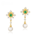 wholesale 925 Sterling Silver Japanese-style Light Luxury Niche Design Pearl Earrings with Emerald Gemstone, Minimalist Vintage Earrings-0-0