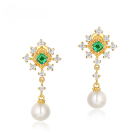 wholesale 925 Sterling Silver Japanese-style Light Luxury Niche Design Pearl Earrings with Emerald Gemstone, Minimalist Vintage Earrings-Emerald (clearance product, no refunds or exchanges unless there is a quality issue, please do not bid) &gt; 925 silver
