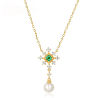 wholesale 925 Silver Japanese-style Light Luxury Niche Design Pearl Necklace for Women with Emerald Gemstone Choker Retro Jewelry-Emerald plated with 9K gold (clearance products are not refundable or exchangeable unless there is a quality issue. Please do not bid)  925 silver