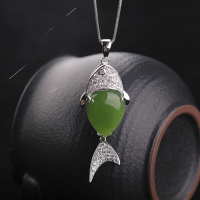 wholesale 925 sterling silver retro ethnic style Hetian jade and green jade pendant with certificate, fish-shaped necklace pendant for women-Fish pendant 12*16mm (without chain) >925 silver