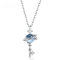 wholesale S925 Sterling Silver, Small Fresh Korean and Japanese Style Forest Girl Sky Blue Topaz Planet Key Necklace, Platinum-Plated Internet-Famous Pendant for Women-Thick Silver Platinum 925 Silver