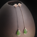 wholesale Rose gold 925 sterling silver with certificate, original ethnic style Hetian jade green jade long earrings, ear thread ear drops-0-0