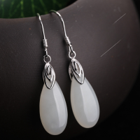 wholesale 925 Silver with Certificate Hetian Jade Earrings, New Chinese Style National Trend Palace Ancient Hanfu Earrings, Waterdrop Jade Ear Accessories-White Jade Water Drop 8*18mm 925 Silver