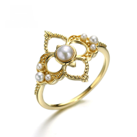 wholesale 14K Gold Vintage Retro Luxury Ring for Women with Natural Pearl Four-Leaf Clover Elegant Ring, Yili New Style-14K Gold Hollow Four-Leaf Clover Ring 13#