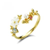 wholesale 9K gold Japanese-style luxury Alice open-adjustable natural shell flower pearl ring for women Same style-Shell Flower Open Ring  Size M (14-17#)