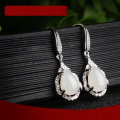 wholesale 925 Silver Inlaid with Hetian Jade Water Drop White Jade Stone Earrings with Certificate, Hook for Hanfu and Qipao Ear Accessories for Women-0-1