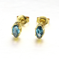 wholesale 9K Gold New Topaz Stud Earrings for Women Natural Gemstone Earrings Source Factory Yili Jewelry-Marquise London Blue Topaz Stud Earrings 9K Yellow