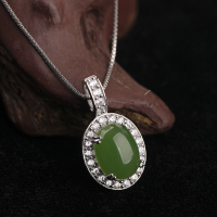 wholesale 925 sterling silver inlaid with Hetian jade pendant, minimalist vintage style with appraisal certificate, natural cabochon green jade necklace for women-Jadeite 8mm*10mm pendant (not including necklace) >925 silver