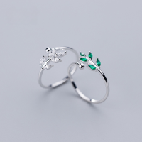 wholesale S925 Silver Ring Women's Japanese and Korean Style Minimalist Diamond-Inlaid Leaf Ring, Forest-inspired Fresh and Elegant Ring J5614-S925 Silver Ring - White Diamond &gt; Adjustable Opening