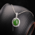 wholesale 925 sterling silver inlaid with Hetian jade pendant, minimalist vintage style with appraisal certificate, natural cabochon green jade necklace for women-0-5