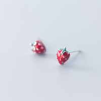 wholesale S925 silver earrings for women, Korean-style, simple and cute, girly, fruit-themed red strawberry with green leaves ear accessories G2109-S925 silver pair>925 silver