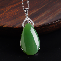 wholesale 925 Sterling Silver Hetian Jade Pendant Inlaid with Natural and Elegant Drop-Shaped Green Jade, Women's Necklace-Jadeite 17*30mm pendant (without chain)  925 silver