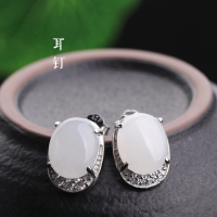 wholesale 925 Sterling Silver with Certificate Hetian Jade Earrings, Vintage Style Earrings for Women, Retro Natural Jade Ear Studs Wholesale-7*9 Korean material hollow bottom 925 silver