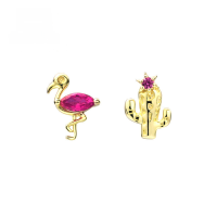 wholesale 9K Gold Japanese Cute Cartoon Pink Flamingo Cactus Ear Studs Women, Trendy Asymmetric Earrings-Flamingo-single