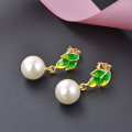 wholesale S925 Silver Gold-Plated Beaded Pearl Earrings with Green Enamel Leaf Design for Women-0-3