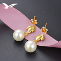 wholesale S925 Silver Gold-Plated Beaded Pearl Earrings with Green Enamel Leaf Design for Women-0-2