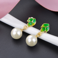 wholesale S925 Silver Gold-Plated Beaded Pearl Earrings with Green Enamel Leaf Design for Women-0-0
