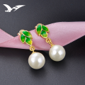 wholesale S925 Silver Gold-Plated Beaded Pearl Earrings with Green Enamel Leaf Design for Women-0-1