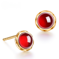 wholesale 925 Silver Plated with Gold, Japanese Minimalist Natural Mozambique Garnet Geometric Circle Ear Studs for Women-0-0