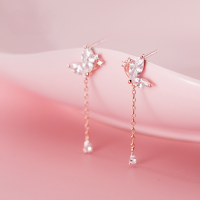 wholesale S925 Sterling Silver Forest-style Dainty Butterfly Short Earrings with Delicate Diamond Accents and Flowing Fringe-S925 silver pair rose gold 925 silver