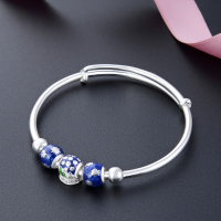 wholesale S990 silver Korean-style blue beaded ethnic bangle bracelet for women, adjustable fashion silver jewelry-990 silver bracelet about 18.8 grams 990 pure silver