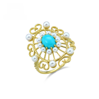 wholesale 9K Gold Vintage Openwork Palace Style Natural Turquoise Pearl Ring for Women-9K Gold--Spot 14#