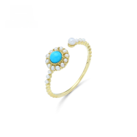 wholesale 9K gold Japanese lightweight luxury jewelry, sunflower natural turquoise pearl open ring for women, adjustable-Sunflower Turquoise Pearl Open Ring>9K Gold