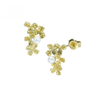 wholesale 9K Gold Leaf Natural Freshwater Pearl Earrings, Lucky Four-Leaf Clover Stud Earrings-Leaf Pearl Earrings 9K Gold