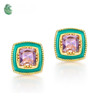 wholesale S925 gold-plated silver with natural amethyst, aquamarine, and green oil enamel geometric princess-cut stud earrings for women-Amethyst 925 Silver