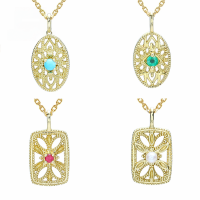 wholesale 9K Gold Japanese Light Luxury Jewelry Retro Natural Green and Red Gem Double-sided Pearl Pendant Elegant Turquoise Necklace for Women-Freshwater Pearl + Ruby Square Pendant 9K Gold