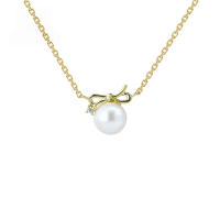 wholesale 9K Gold Korean Version Sweet Bow Pearl Necklace Collarbone Chain for Women, Simple and Versatile with a Girly Heart and Niche Design Sense-Sweet Bow Pearl Necklace 9K