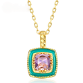 wholesale S925 Silver Japanese Style Natural Amethyst Drop Green Oil Paint Geometric Pendant Without Chain Exquisite Colored Gemstone Necklace for Women-0-0