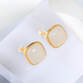 wholesale 925 silver retro Chinese-style minimalist square jade earrings with certificate, gold-plated inlaid with Hetian jade ear studs-0-1