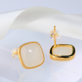 wholesale 925 silver retro Chinese-style minimalist square jade earrings with certificate, gold-plated inlaid with Hetian jade ear studs-0-2