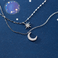 wholesale S925 Silver Women's Korean Style Double Layer Sweet and Fresh Diamond-Inlaid Star Moon Cross Pendant Necklace D6454-0-0