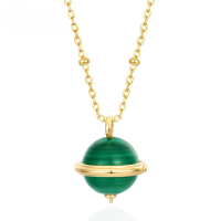 wholesale Metal: S925 Silver Plated 9K Gold Malachite Round Geometric Pendant Necklace for Women, Minimalist Planet Style Colored Gemstone Choker-Rose Quartz Pendant with Chain 925 Silver