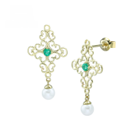 wholesale 9K Gold Artli Jewelry Exquisite Colored Emerald Retro Ethnic Baroque Pearl Earrings Openwork-Light Luxury Hollow Pattern Emerald Earrings 9K Gold